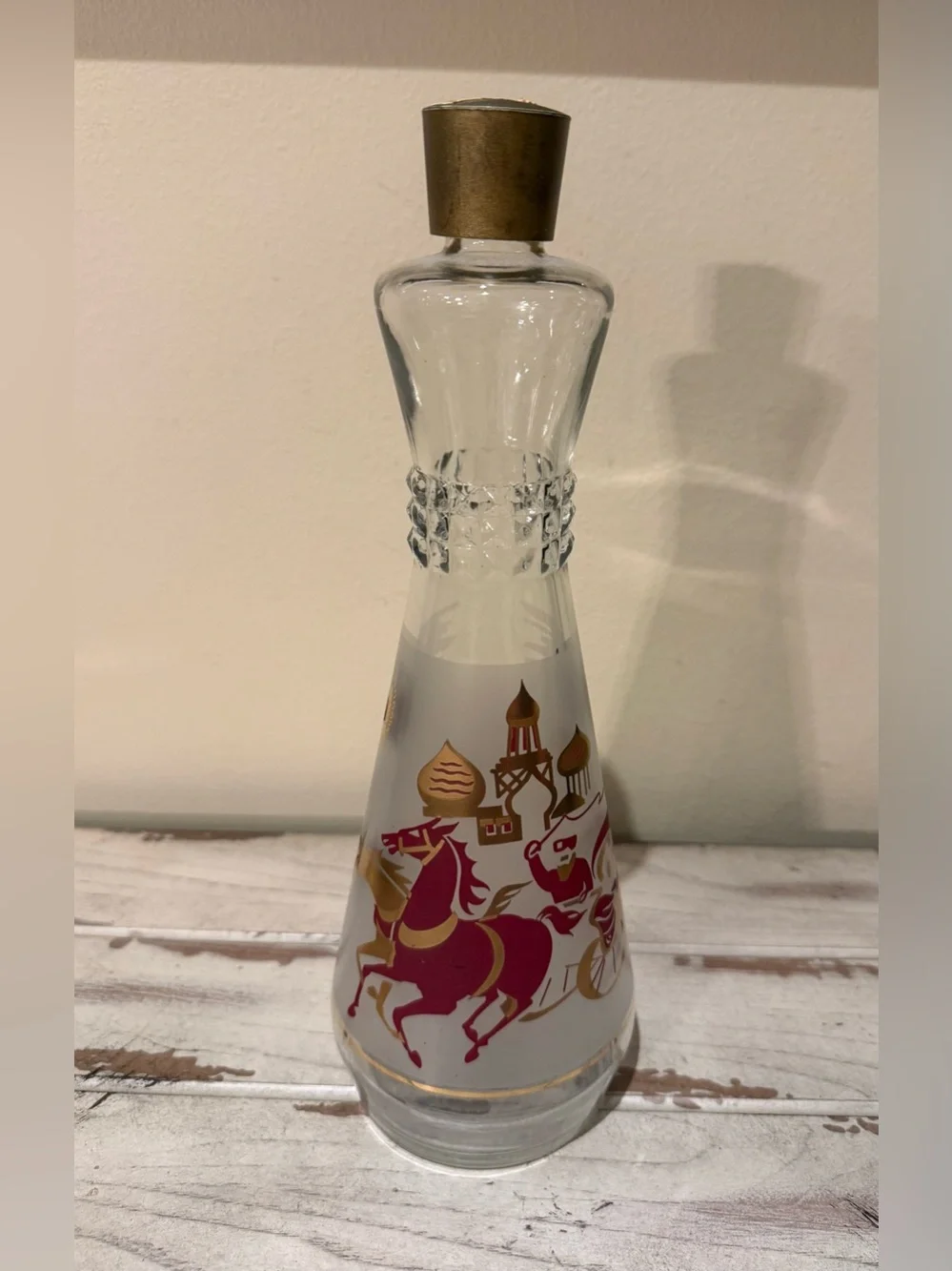 Vintage Frosted Glass Decanter Russian Troika Sleigh Gold Red Barware